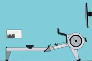 Thumbnail vector image showing a Concept2 rowing machine, a TV, and a bar chart pinned to a wall in the background.